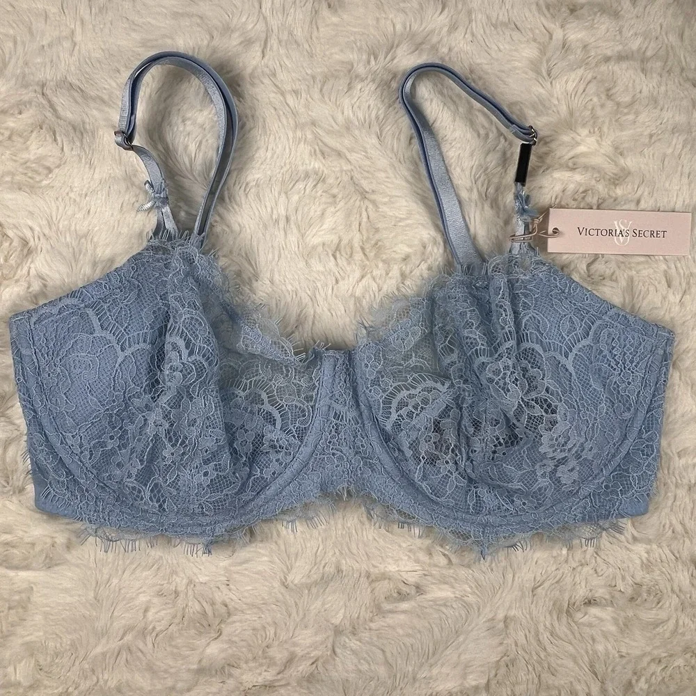 Victoria's Secret Dream Angels Unlined Uplift Sling Lace Bra Dusty Blue 32DDD